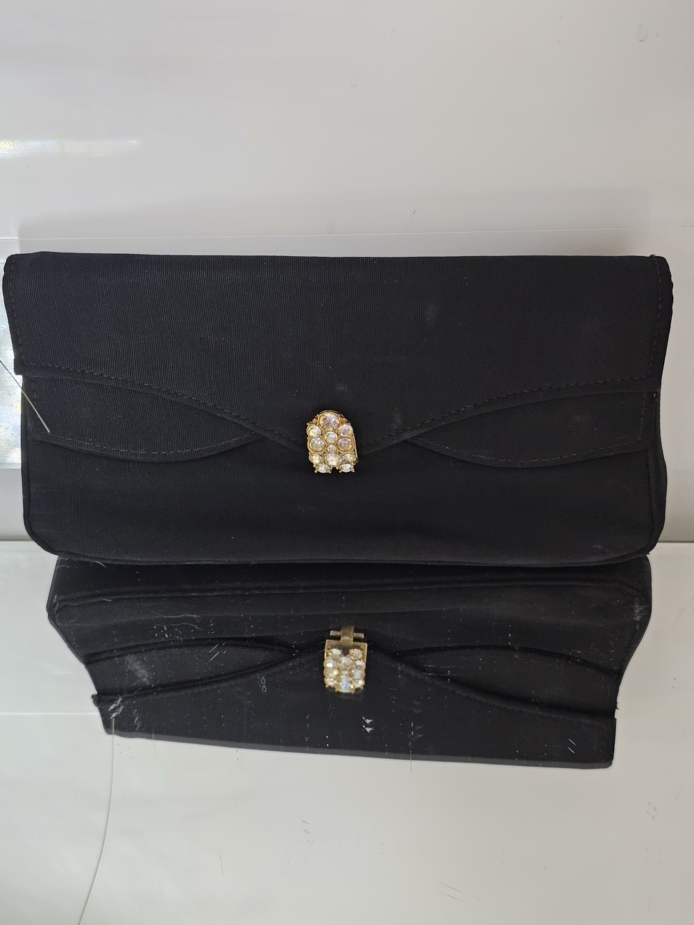 Duval Vintage 1950s Black Evening Clutch with Gold Crystal Accent
